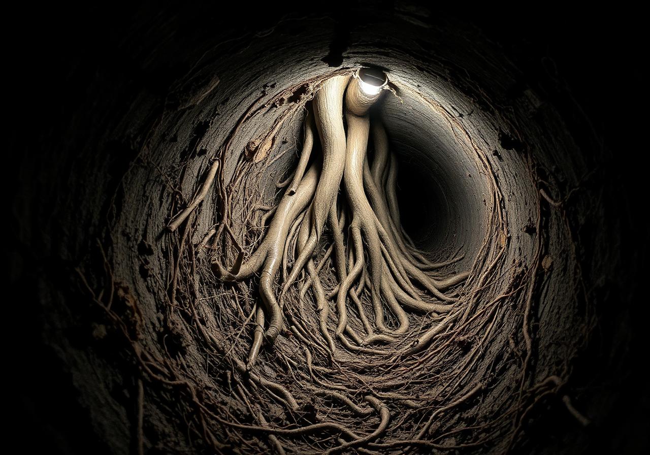 Tree roots intruding into a drainage pipe — a frequent cause of recurring blockages.